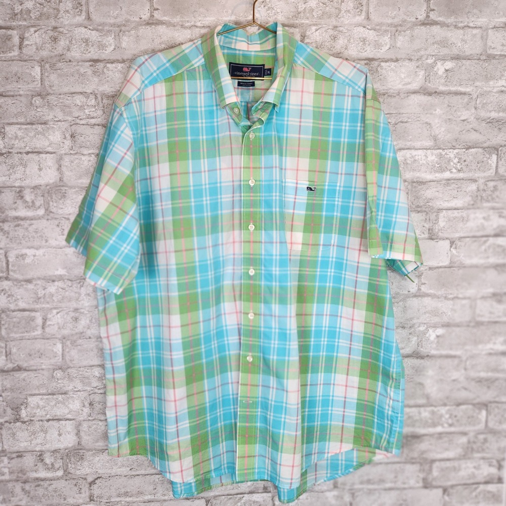 Vineyard Vines Whale Shirt Pastel Plaid Short Sleeve Cotton Preppy XL